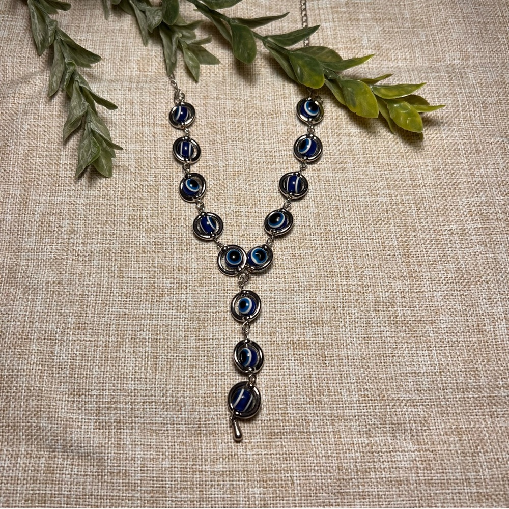COSTUME Silver Dangle Boho Necklace with Blue and White Evil Eye Beads